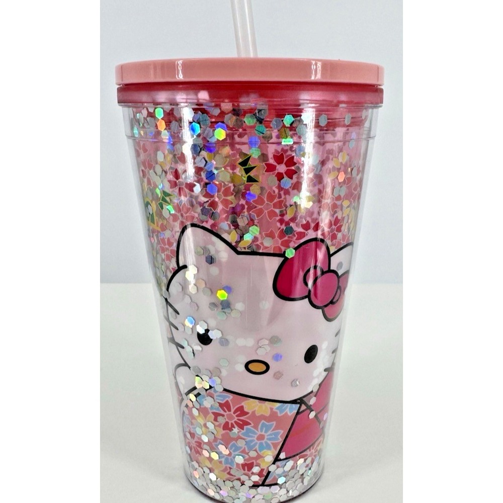 Hello Kitty Pink Glitter Tumbler Cup with Straw Confetti BPA Free